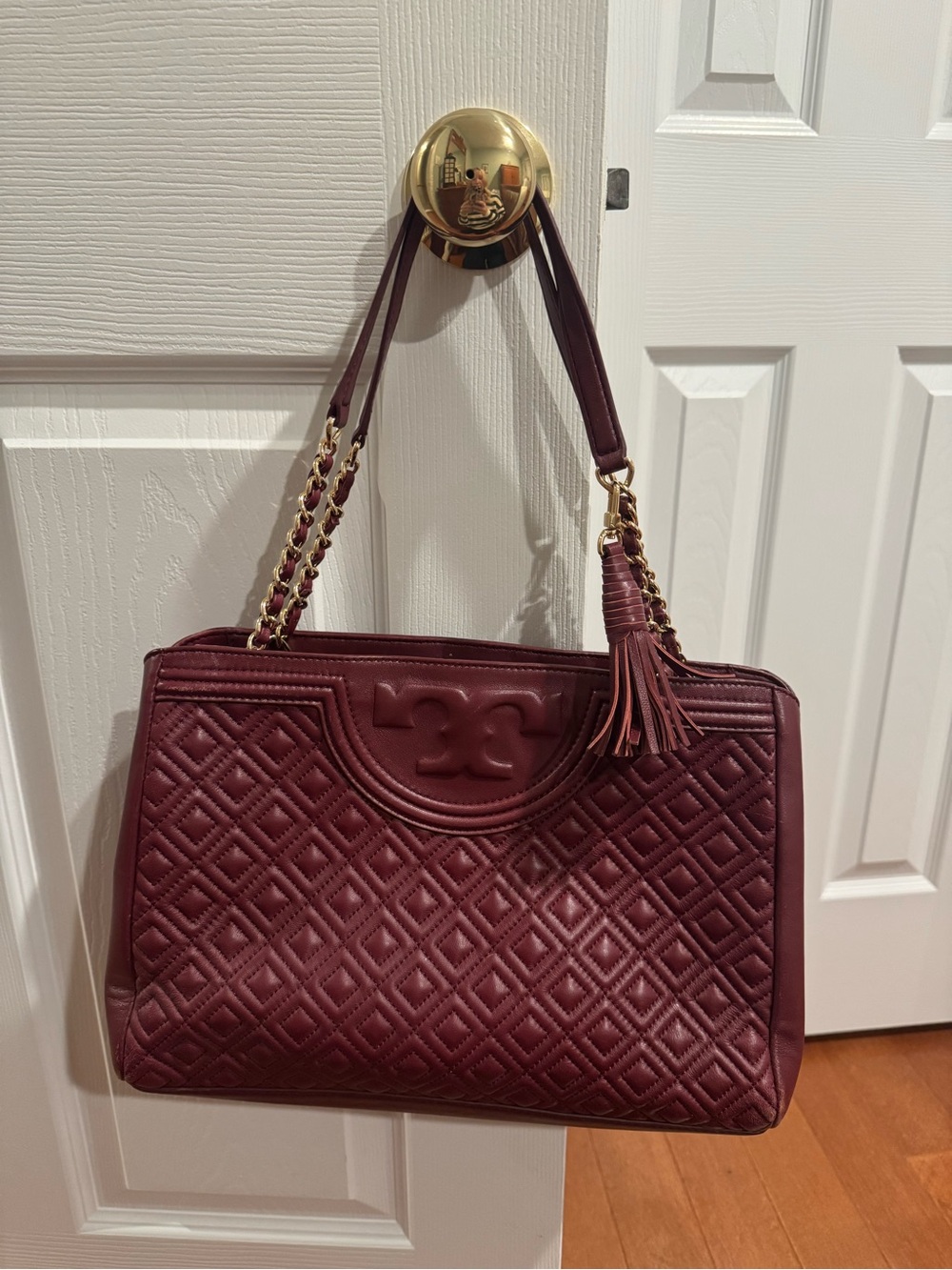Tory Burch Quilted Burgundy Leather Shoulder Bag with Tassel